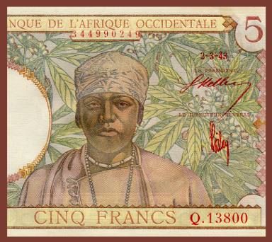 FRANCS Note FRENCH WEST AFRICA 1943   Tribal Man   EF  