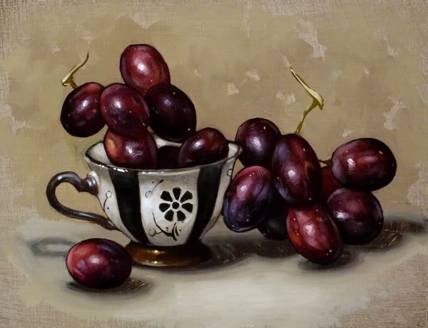    Original Oil Painting Still Life Art Teacup of Grapes 6x8  