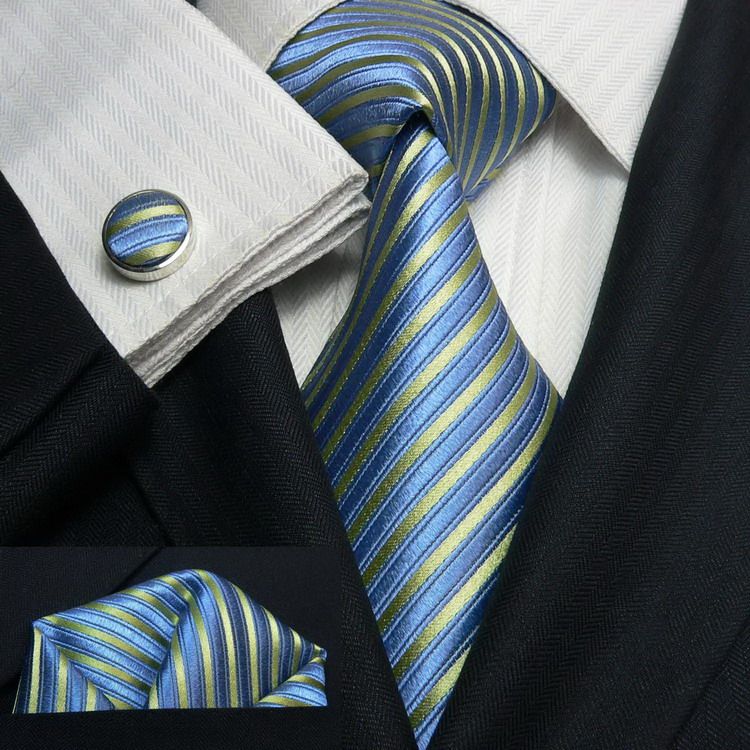 Landisun 80G Blue Green Stripes Mens Silk Tie Set Tie+Hanky+Cufflinks 