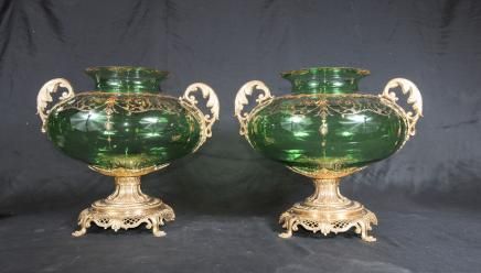 Pair Green Glass French Bulbous Vases Urns  