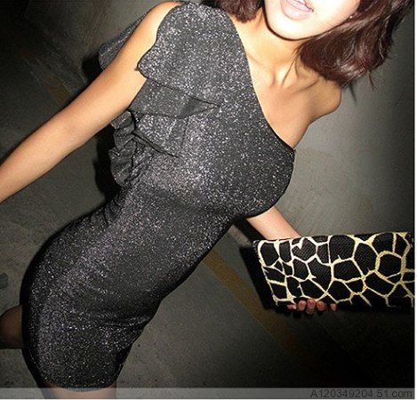 Shoulder Sparkling Black Clubbing Cocktail Mini Dress  