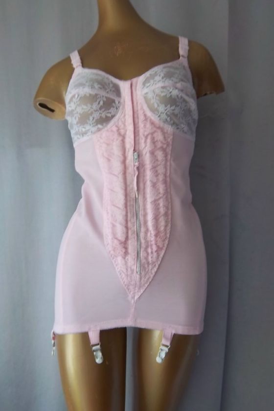   LACY PINK SATIN OPEN BOTTOM ALL IN ONE GIRDLE w/6 GRTS  sz 36 B  
