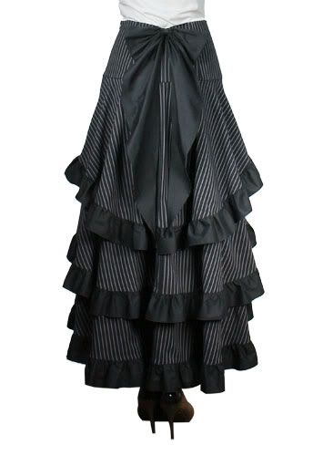 High Waist Long Black Pinstripe Tiered Layered Skirt Bow Steampunk 