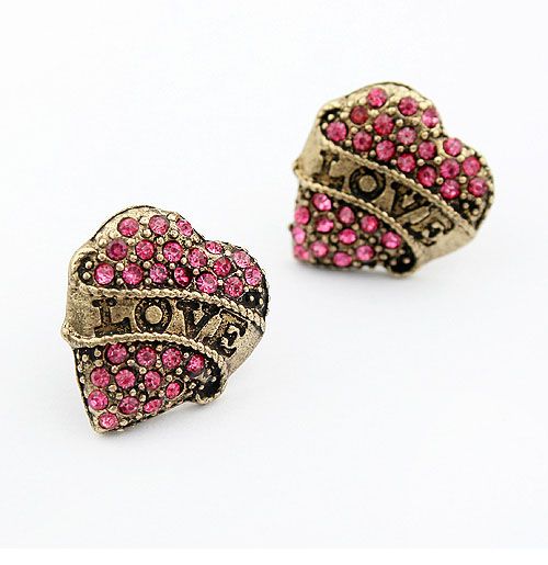 Vintage Bronze Full Rose Rhinestone Heart LOVE Carve Stud Earrings 1 