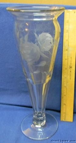 Vintage Elegant Crystal Tall Vase Etched Rose Flowers  